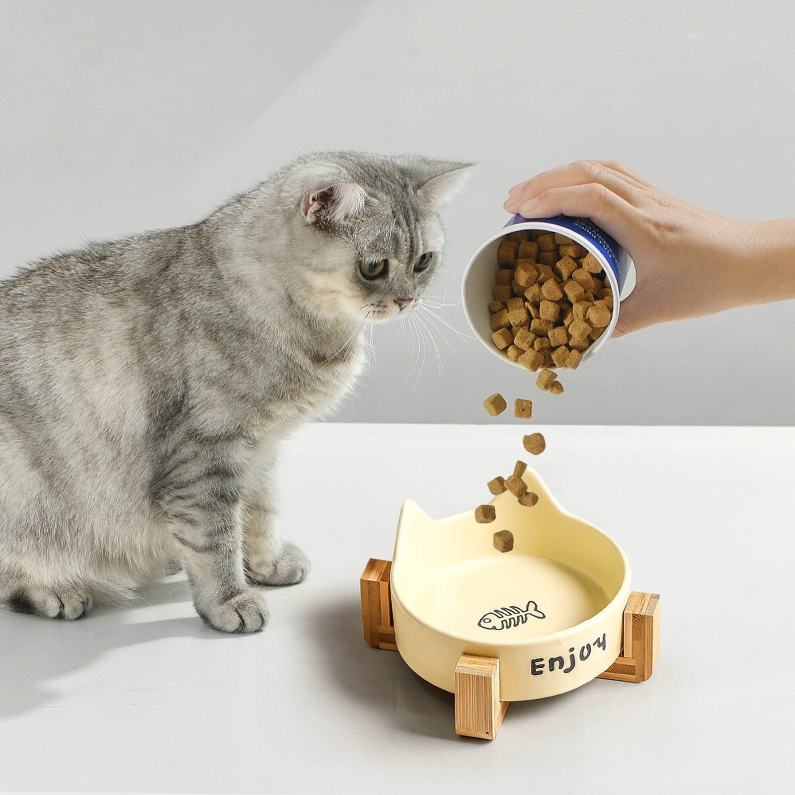 Weloille Cat Shaped Pet Bowl 1 Set with Wood Stand, Ceramic Non Slip Food Water Feeding Bowl, Scratch Resistant Pet Feeder, for Cats, Small Dogs Indoor Feeding Use