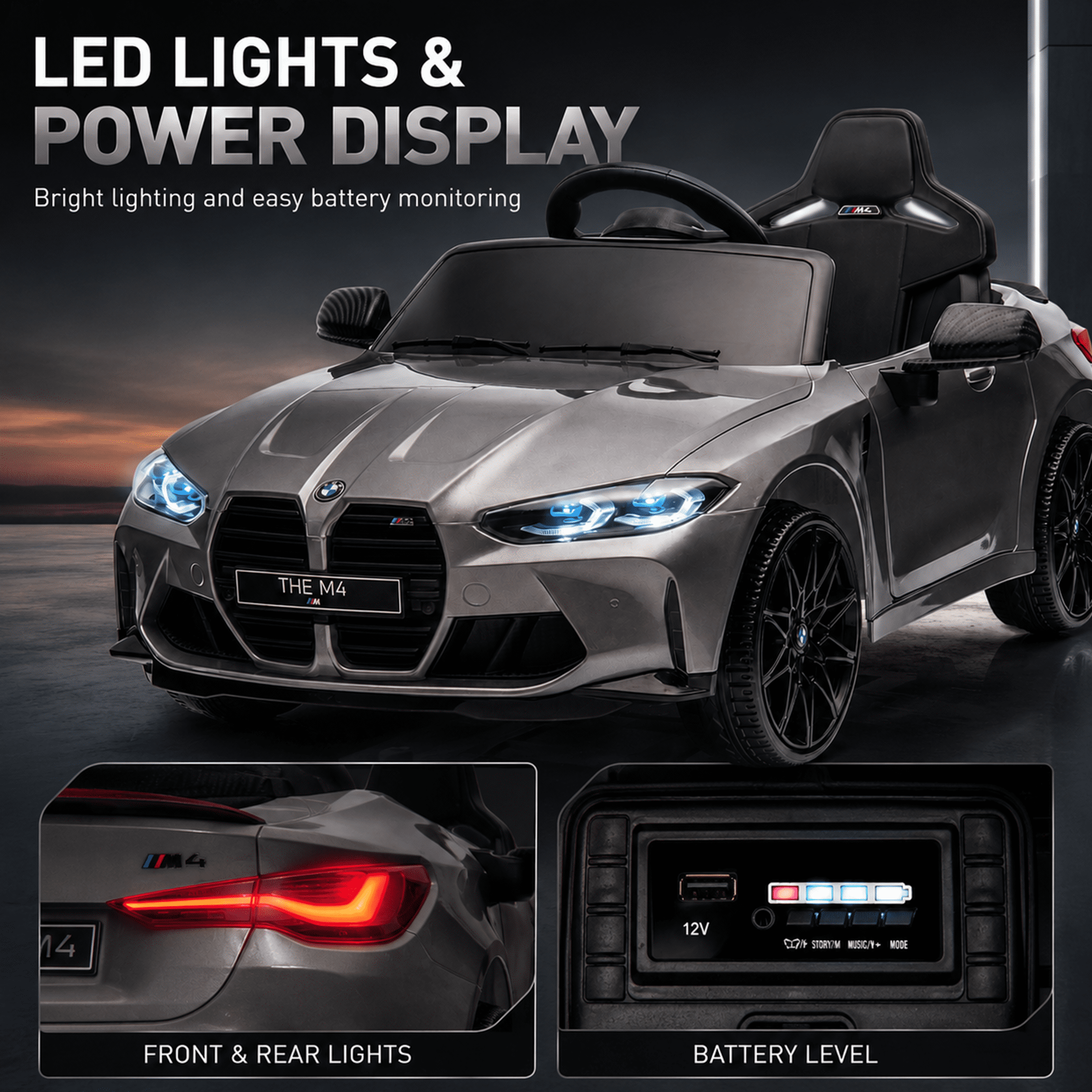 BMW M4 Kids Ride on Car Toy with Remote Control, 24V Powered Ride on Toys Cars W/Bluetooth/USB/MP3, Battery Display, LED, Handle with Wheels & Pull, Electric Car for Boy Girl, Gray
