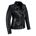 thumbnail image 2 of Ladies Silver Studded Button Motorcycle Jacket Brando Style Genuine Cowhide Leather Spiked Silver Color Studs Women Jacket Black-M, 2 of 11