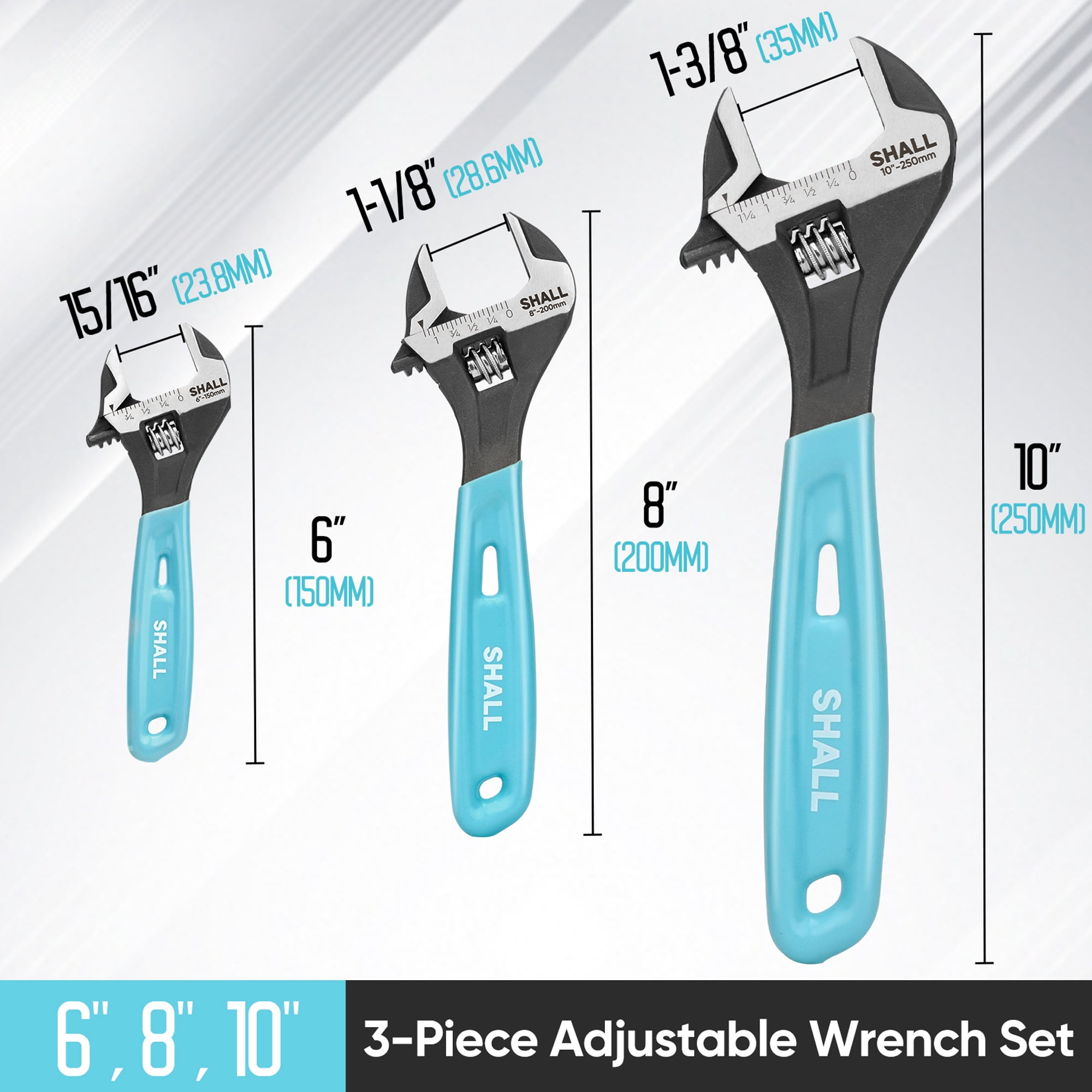 SHALL 3-Piece Adjustable Wrench Sets, 10/8/6 Inch Cr-V Steel Wrench with Cushion Grip, Wide Jaw Black Oxide Wrench with Laser-etched SAE Scales for Home, Garage, Workshop and DIY