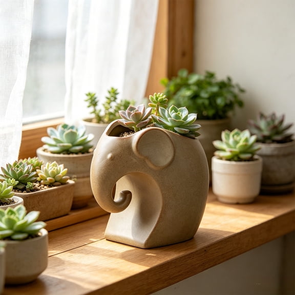 Elephant Design Ceramic Flower Pot with Drainage Hole for Small Plants Desktop Decoration Planter for Green Plants Stoneware Container Breathable Potting for Home Office Shelf Display
