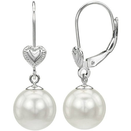 9-10mm White Round Cultured Pearl and Sterling Silver Heart Earrings with Leverback Closer
