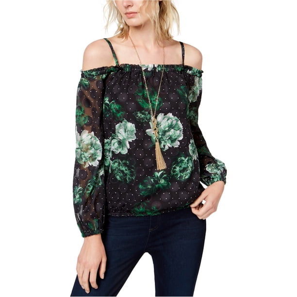 INC Blusa floral con hombros descubiertos para mujer, negro, mediano
