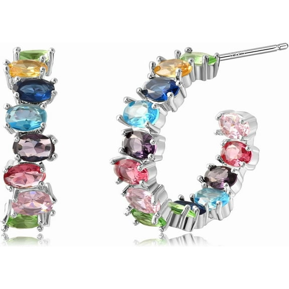 925 Sterling Silver Hoop Earrings for Women Colorful Crystal Cubic Zirconia Earrings Rainbow Chunky Half Hoops for Birthday Jewelry