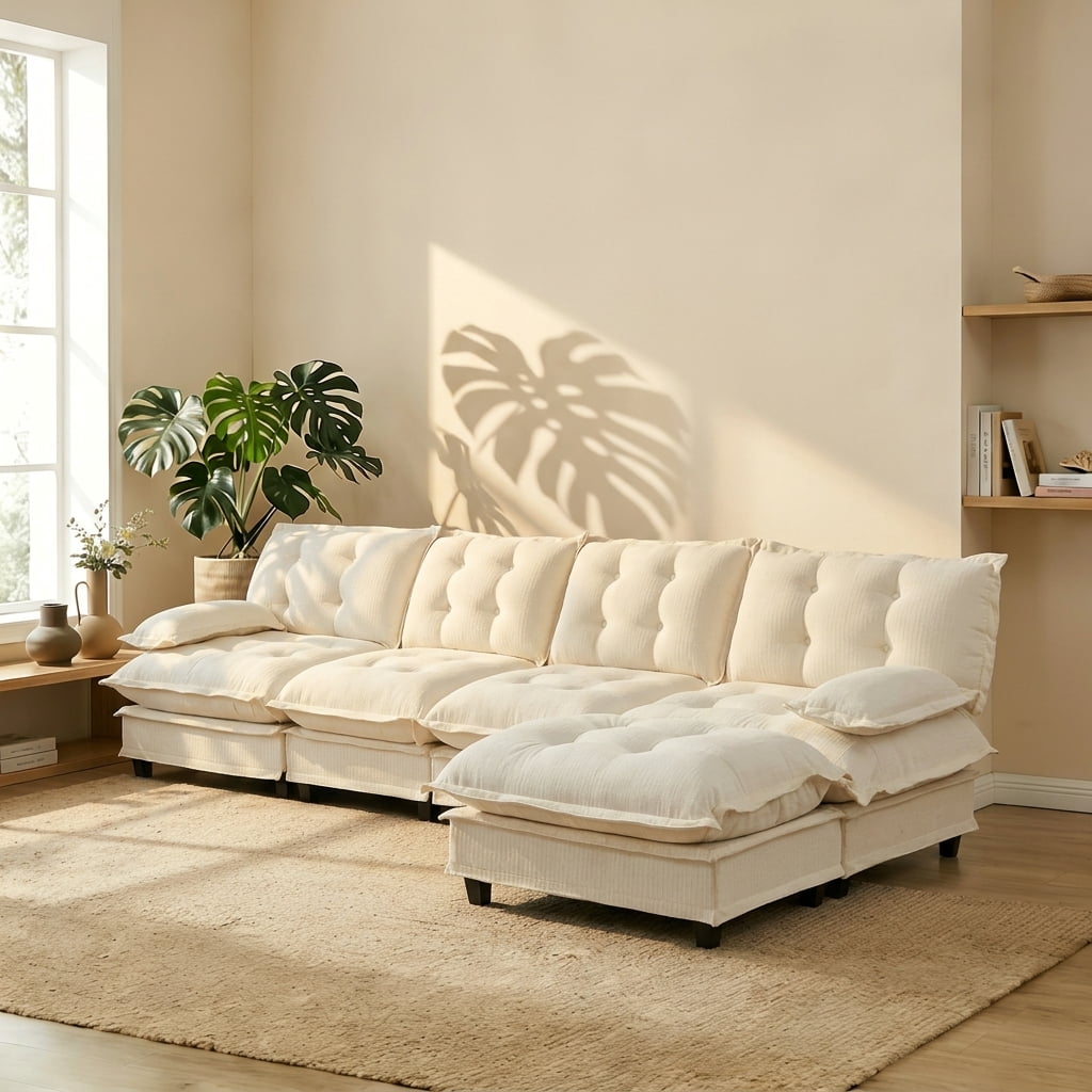 AISWORD 138" L-Shaped Modular Sectional Cloud Sofa with Ottoman, Chenille Fabric Deep Seat Couch with Lattice Decored Cushions
