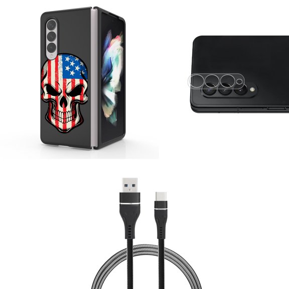 Accessory Bundle for Galaxy Z Fold 4: Slim Snap-On Case (American Skull), Rear Camera Glass Protector, Nylon Braided USB-C to USB-A Cable (3 Feet)