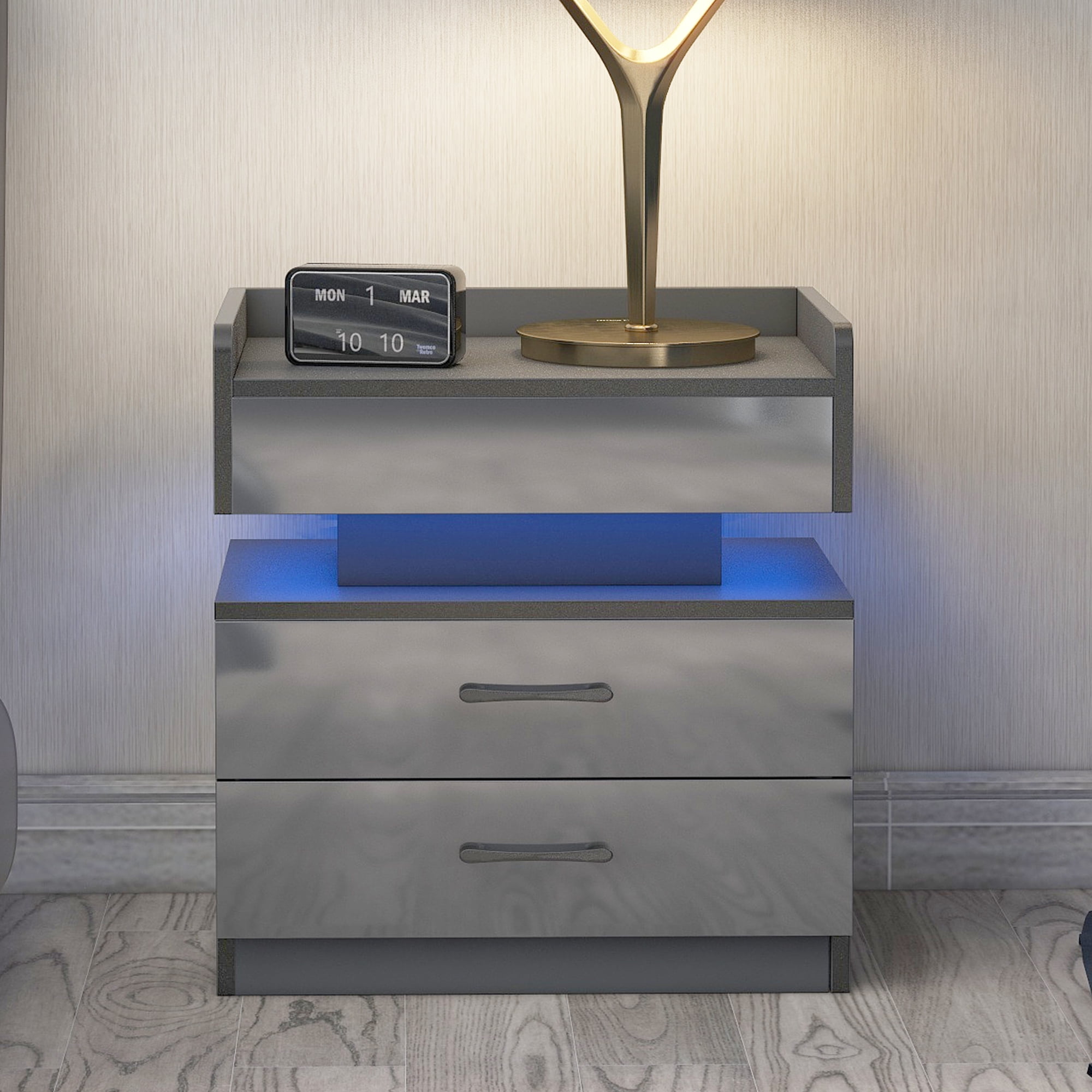 Resenkos Wireless Charging Nightstand with 2 Drawers and Remote Control LED Light, Light-Dark Gray Resenkos Wireless Charging Nightstand with 2 Drawers and Remote Control LED Light, Light-Dark Gray