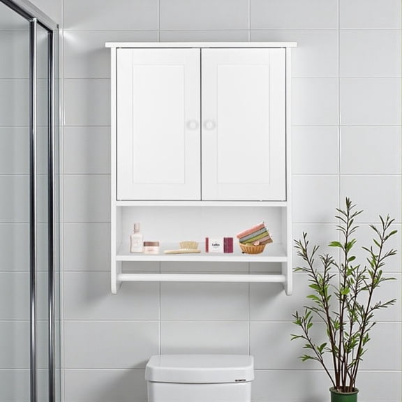 Tcbosik Wall Mounted Bathroom Cabinet with Towel Bar & Open Shelf, 19.1" Space-Saving Double Door Storage Organizer Cabinet for Small Bathrooms/Over the Toilet, White