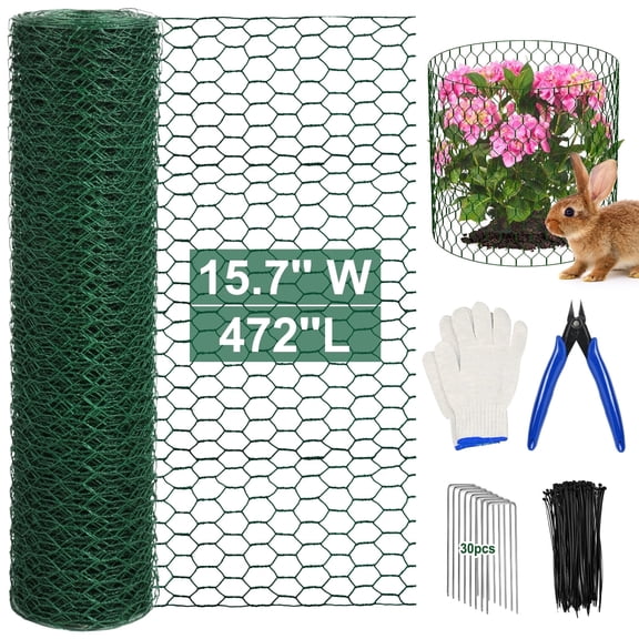Green Chicken Wire Fencing, 15.7in(H) x 39.4 ft(L) Hexagonal Galvanized PVC Coated Netting Fence for Crafts, Poultry, Garden
