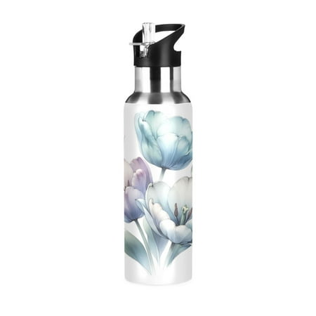 

Water Bottles 20oz Straw Lid Wide Mouth Stainless Steel for School Sport Travel Beautiful Ink Tulips