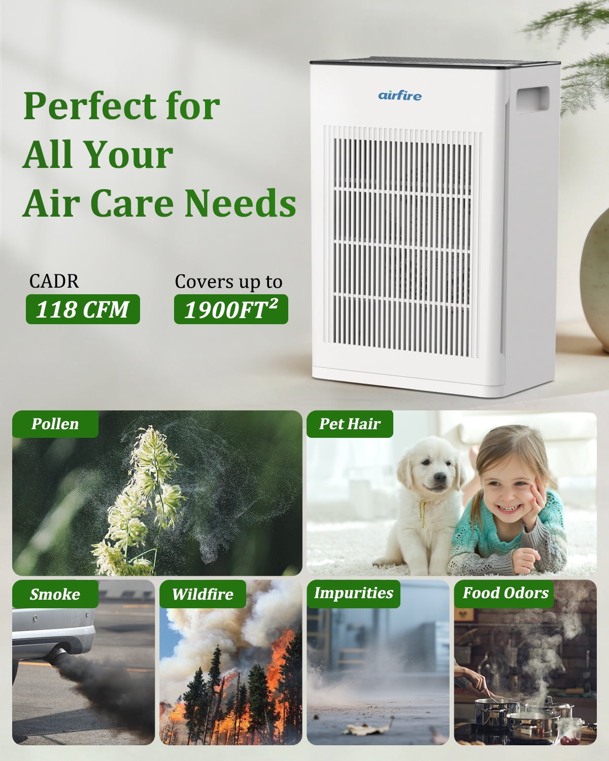 AIRFIRE Air Purifier for Pets Large Room Up to 1475 Sq.Ft, HEPA H14 Filter for Pet Hair Dander Odor, Quiet Sleep Mode 22dB, Air Cleaner for Home Bedroom Pet Area, AP309