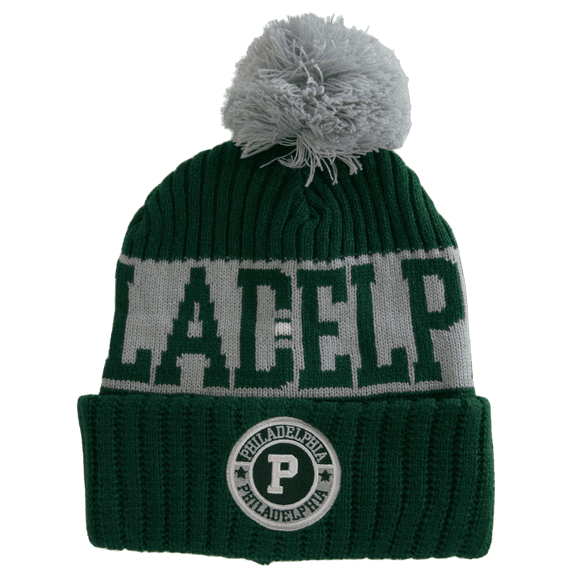 Philadelphia City Name Three Stripe Circular Patch Pom Beanie Winter Hat (Green/White)