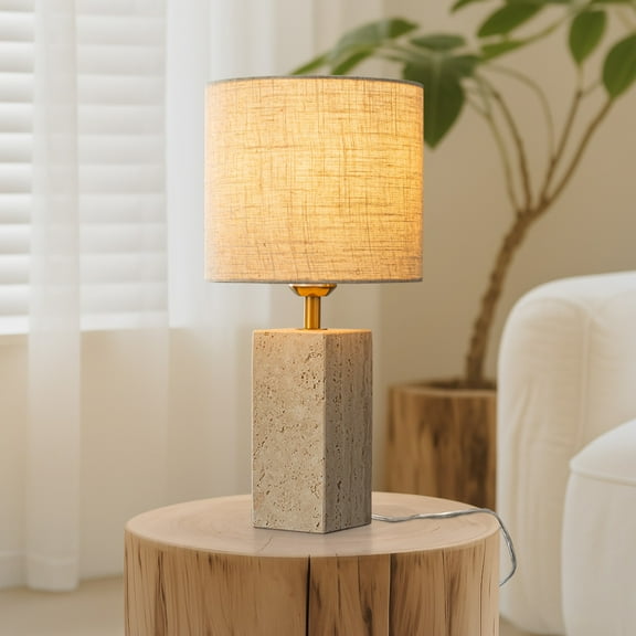 16'' Natural Small Travertine Stone Base Bedside Table Lamp – Modern Rectangular Nightstand Lamp with Beige Linen Shade for Bedroom Living Room Dining Room