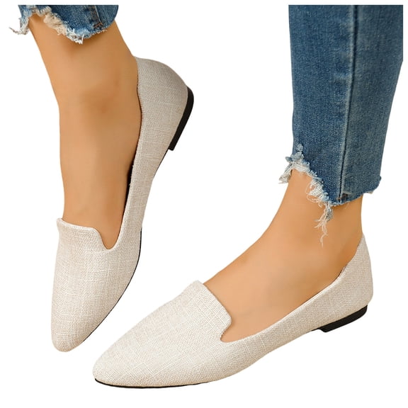 Rokment Dress Shoes for Women Ladies 2026 Spring Summer Fashion Casual Linen Pointed Toe Low Heel Ballet Flat Walking Business Work Dressy Loafers Beige Size 6.5