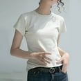 thumbnail image 4 of Fznquz Plain Womens Casual Tops Basic Cotton Tshirts Beige Short Sleeve Round Neck Women's Blouse, 4 of 5