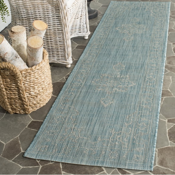 SAFAVIEH Courtyard Clodagh Medallion Indoor/Outdoor Runner Rug, Aqua/Grey, 2'3" x 8'