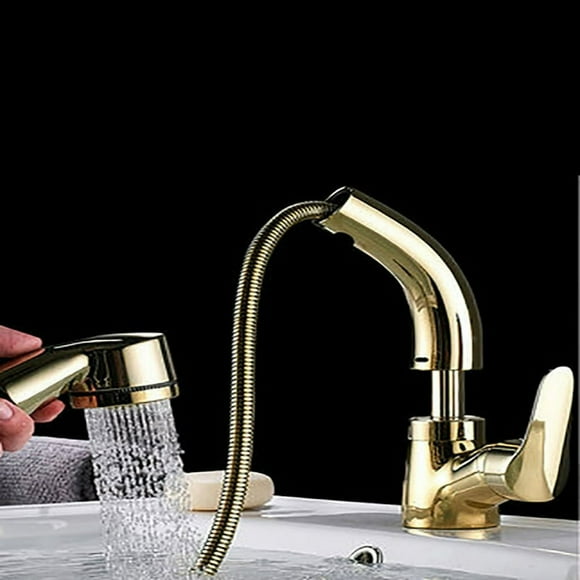 Retractable Bathroom Faucet Rotating Pull-Out Hot Cold Water Faucet for Washbasin(Gold)