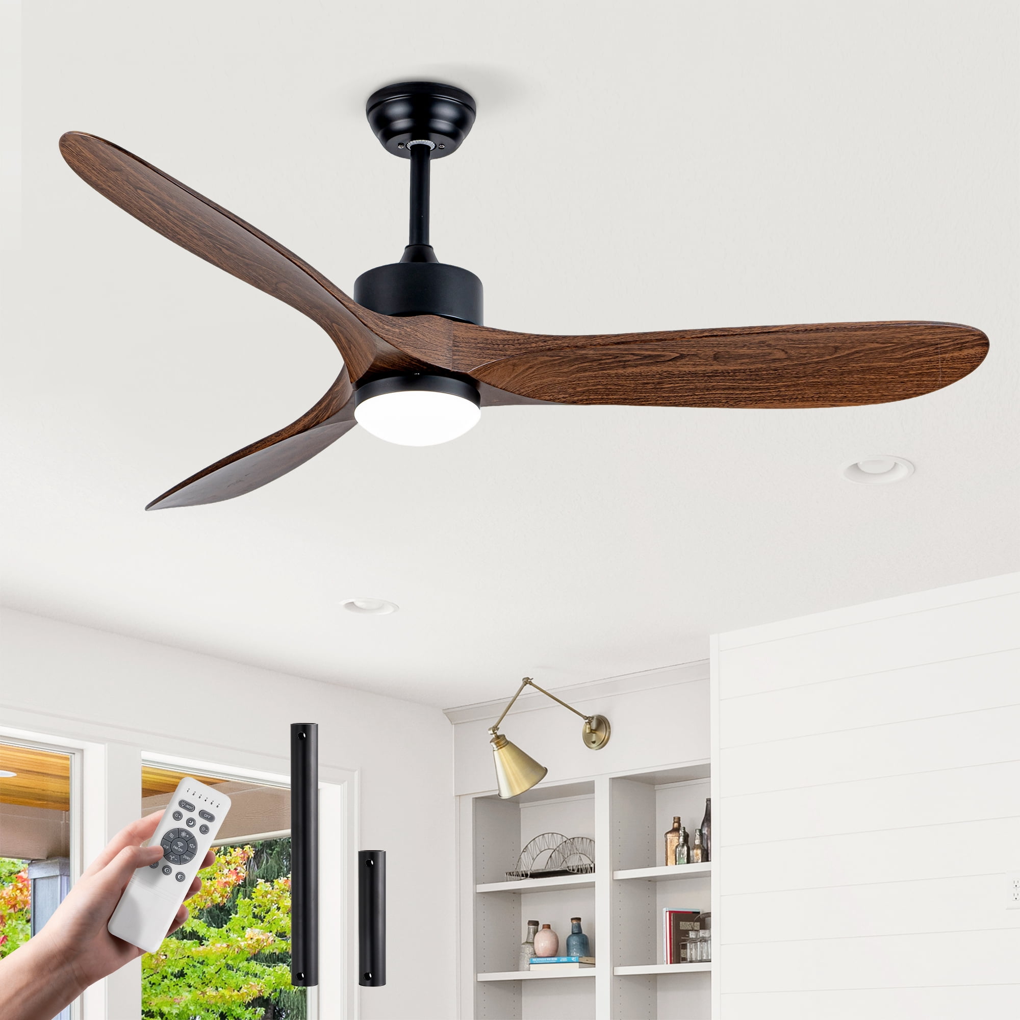 Ceiling Fan with Light, 60 Inch Large Quiet Fan for Big Household Living Space, Matte Black Wood
