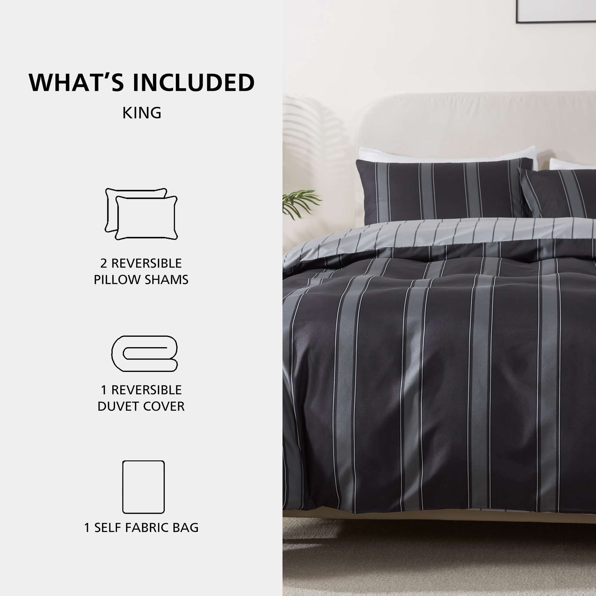 Mainstays King Duvet Cover Set, All-Season Reversible, 3-Piece, Dark Grey Stripe