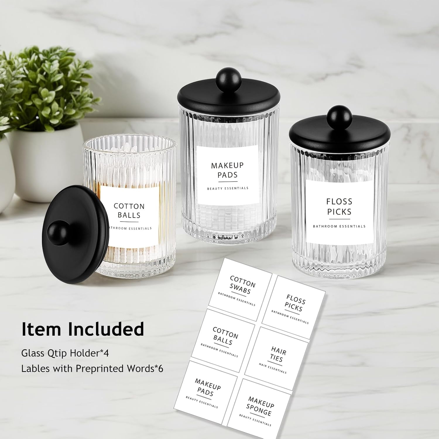 RGHJAR-4-Pack Black Ribbed Glass Qtip Holder - Apothecary Jars Bathroom Organizer Set with Lids - Vanity Storage Canisters for Cotton Balls, Pads, Swabs, Floss Picks - Modern Farmhouse