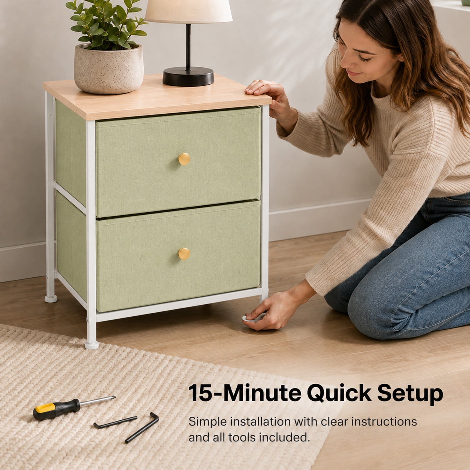 Alvantor Nightstand with 2 Storage Drawers, Small Bedside Table, Small Dresser with Sturdy Wooden Top for Daily Essentials, Compact Nightstand for Bedroom and Small Spaces