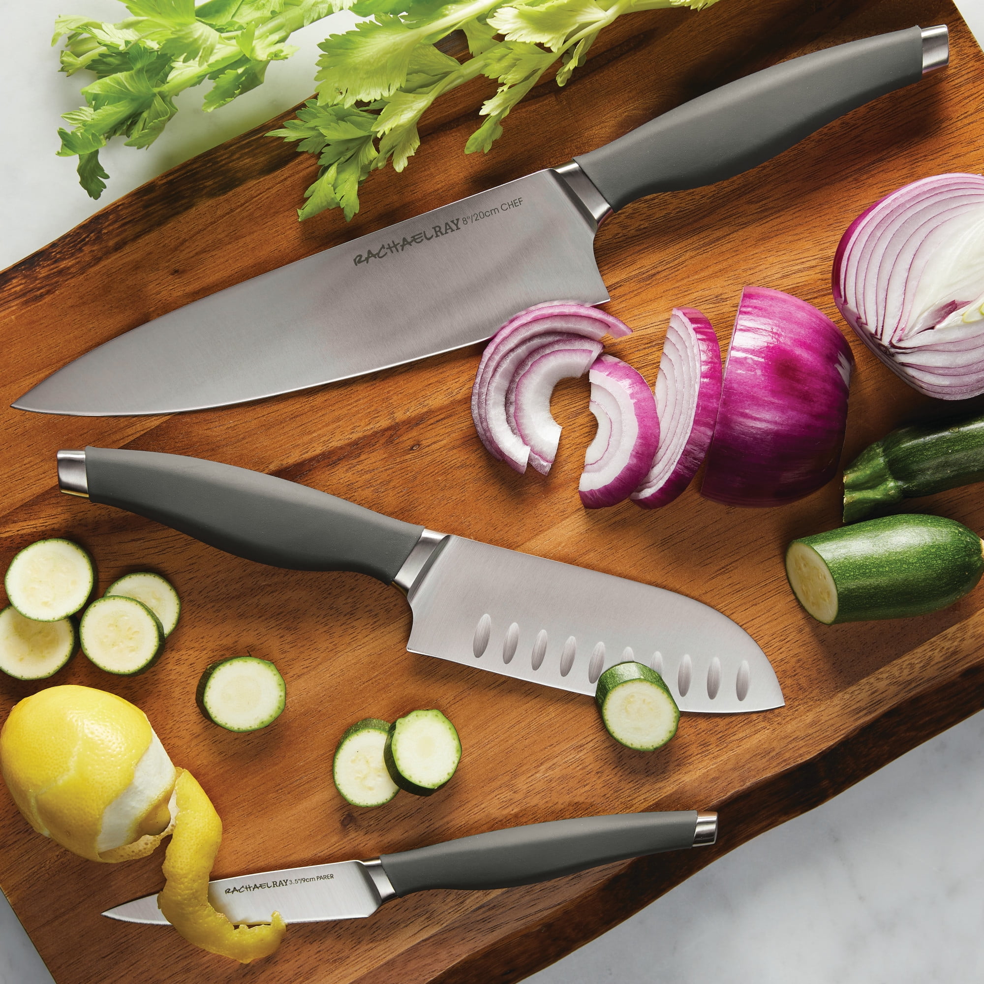 Rachael Ray Cutlery Japanese Stainless Steel Chef Knife Set, Gray, 3-Piece