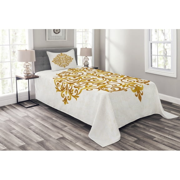 Ambesonne Mandala Quilted Bedspread Set 2 Pcs, Victorian Royal Design, Twin Size, Pale Caramel White