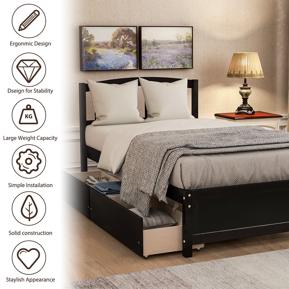 Veryke Solid Wood Twin Size Platform Bed Frame with 2 Storage Drawers and Headboard in Espresso