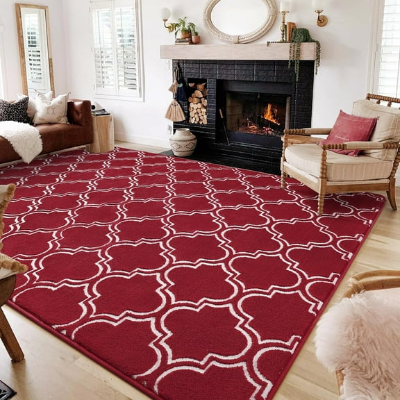 Lochas Fluffy Shaggy Rug Moroccan Geometric Soft Modern Area Rug for Living Room Home Decor Low Pile Carpet,Wine Red,5x7 Feet