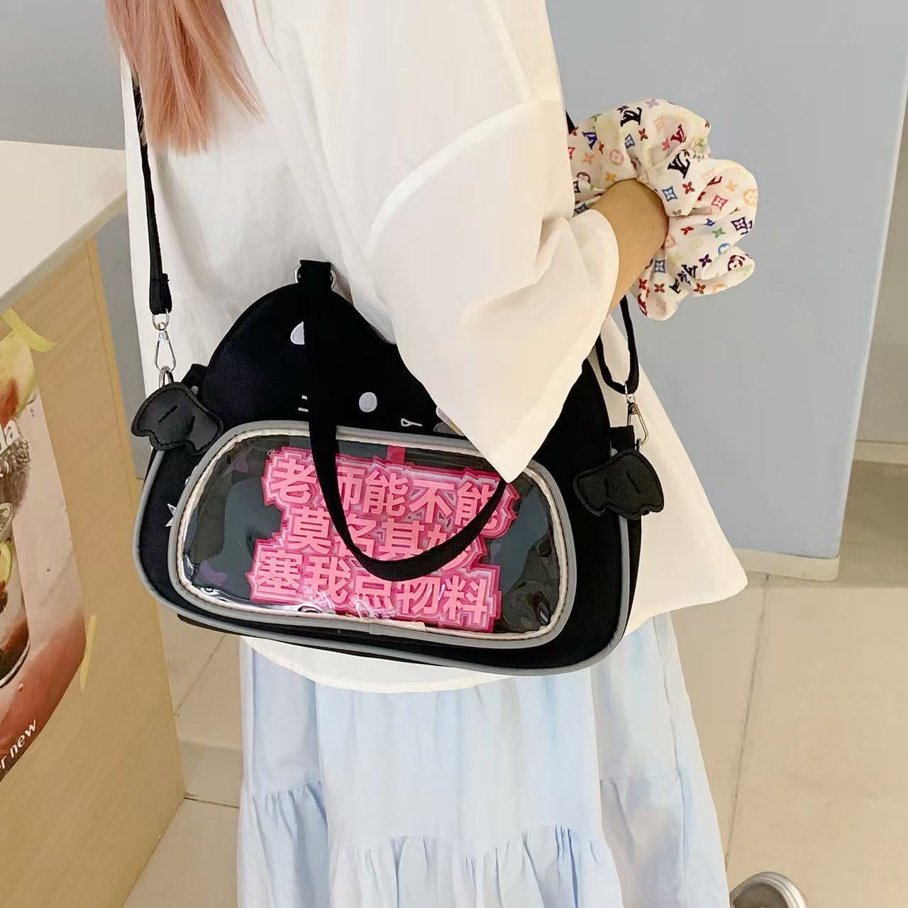 Baguery Kawaii Ita Bag Backpack - Nylon, Cute Cat Insert, Clear Front Pocket, Shoulder/Crossbody, for Otaku Goods/Anime Comic Con