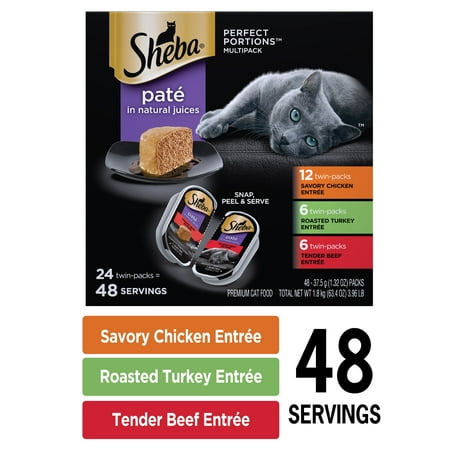 SHEBA PERFECT PORTIONS Wet Cat Food Pate in Natural Juices Savory Chicken, Roasted Turkey, & Tender Beef Entrees Variety Pack, (24) 2.6 oz. Twin-Pack