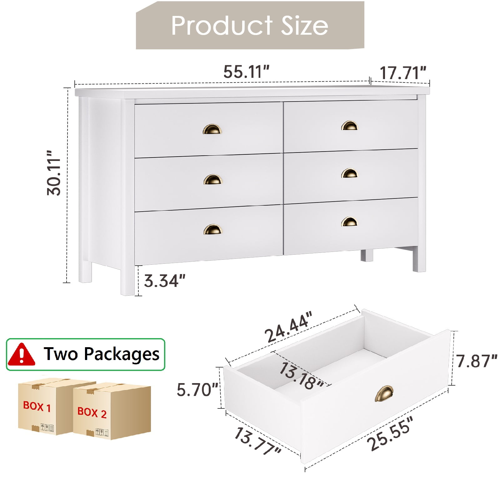 Nathaniel Home 6 Drawer Double Dresser with Legs, Modern Chest of Drawers, Large Capacity Storage Cabinet for Bedroom, Rustic Dresser for Hallway White