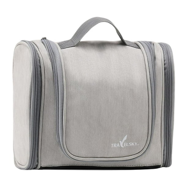 Neceser organizador de viaje para artículos de aseo, compartimentos separados para líquidos y sólidos, resistente al agua para baño y ducha. Gris claro