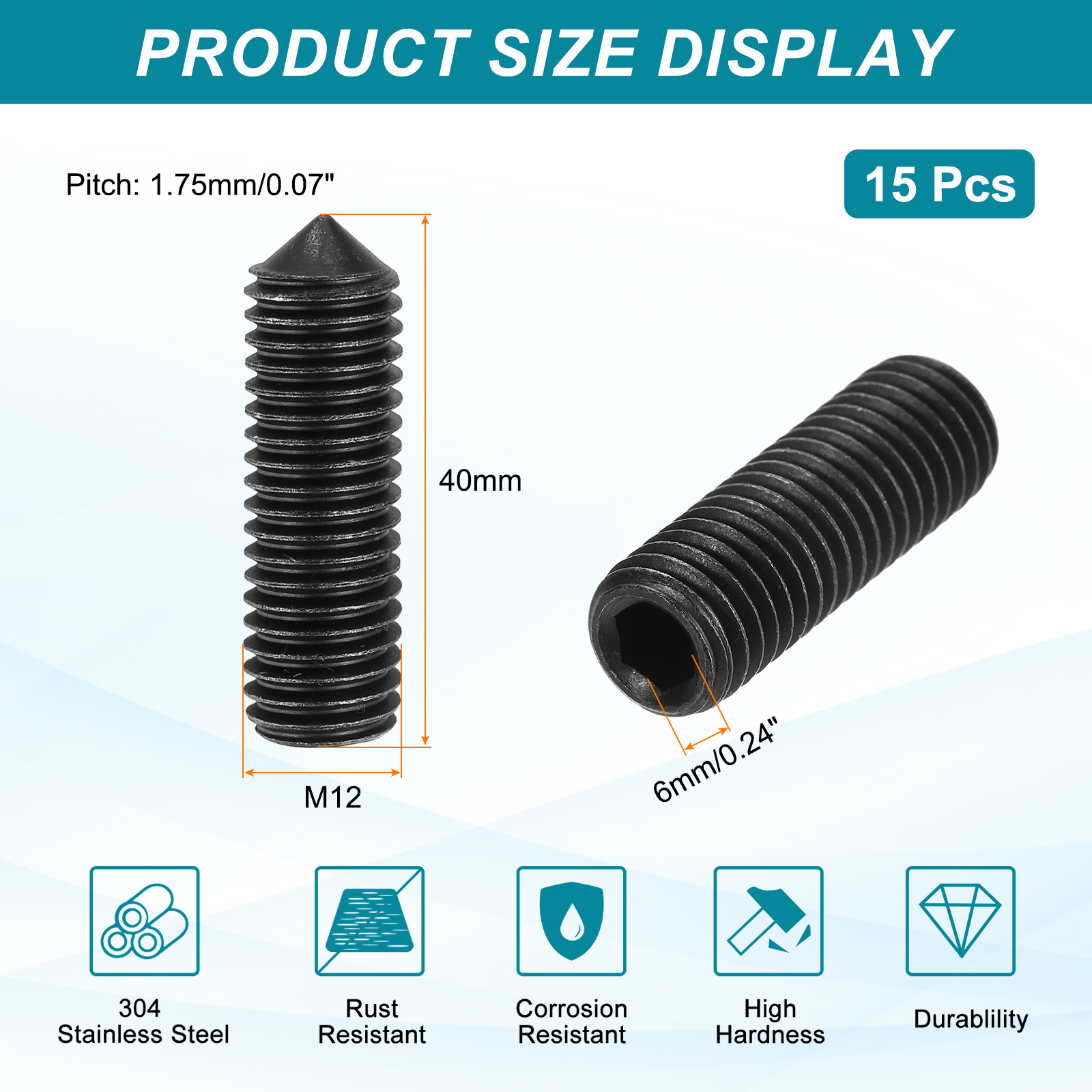 15 Pcs M12x40mm Set Screws, Carbon Steel Cone Point Hex Socket Grub Screw