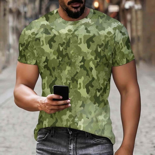 Ceisia Men's Woodland Gradient Camouflage Print Crew Neck T-Shirts, Stretchy Breathable Casual Short Sleeve Tops Gifts