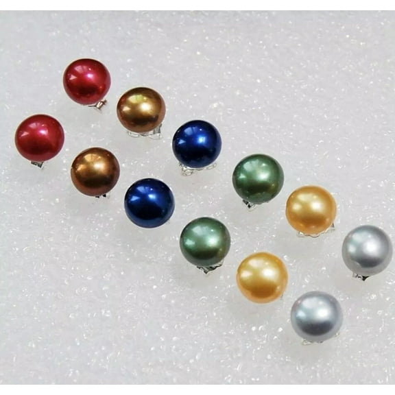 K-KED 6pairs 6Color 7-8mm Multi-Colored Cultured Pearl Silver Stud Earrings AAA