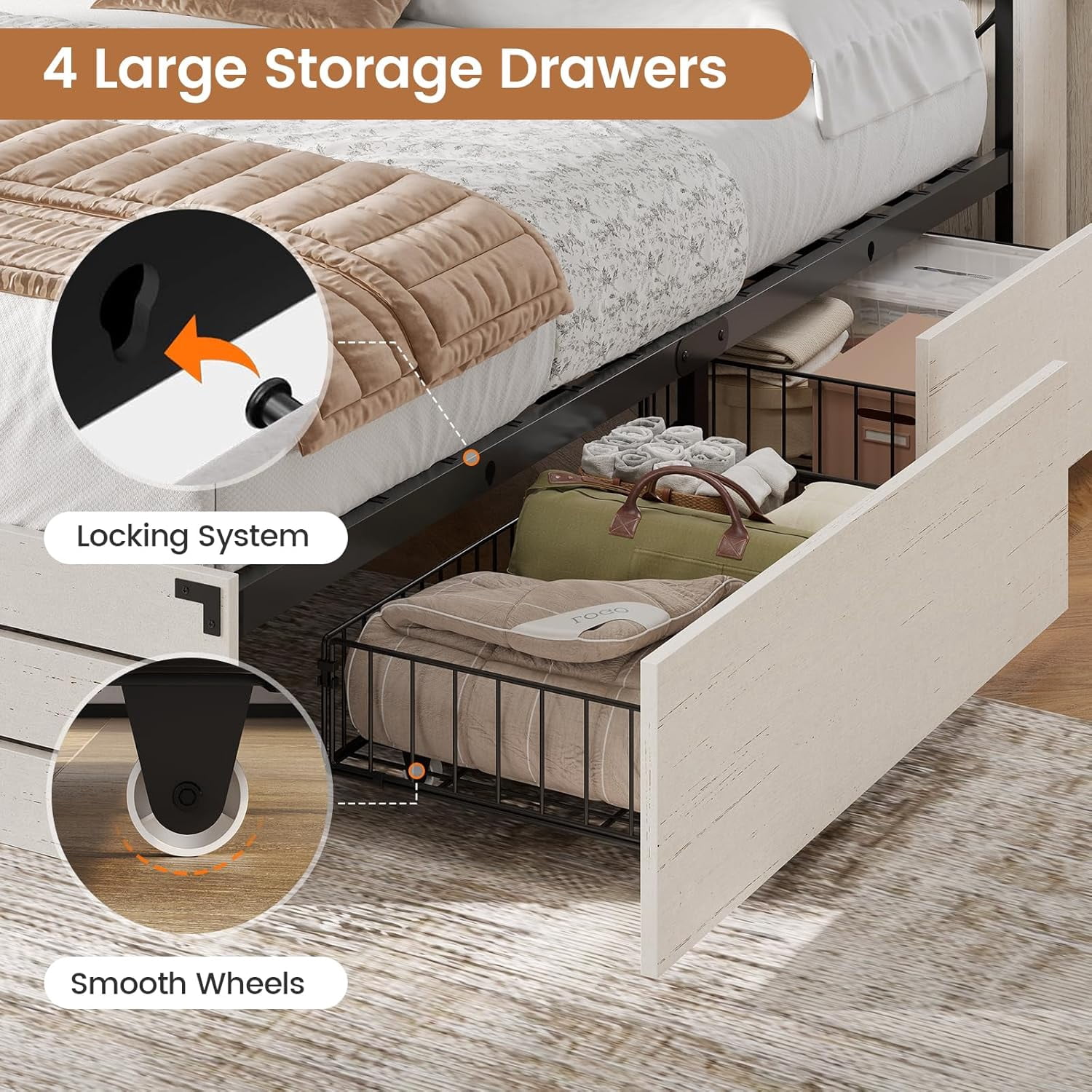 Wooden Bed Frame Full Size with Bookcase Headboard and Sliding Barn Door, Farmhouse Bed Frame Full Size with Charging Station, LED Lights and 4 Storage Drawers, No Box Spring Needed, White