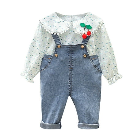 

Toddler Kids Baby Girls Long Ruffled Sleeve Cherry Floral Print Blouse Tops Solid Overalls Suspender Pants Outfits Set 2PCS Clothes Size 6 Months-3 Years