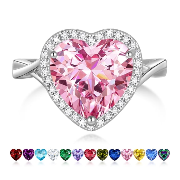 Juwaliy Women Ring 925 Sterling Silver Plated Halo Heart Pink Tourmaline October Birthstone Rings Jewelry Mother Wedding Birthday Valentine's Day Gift