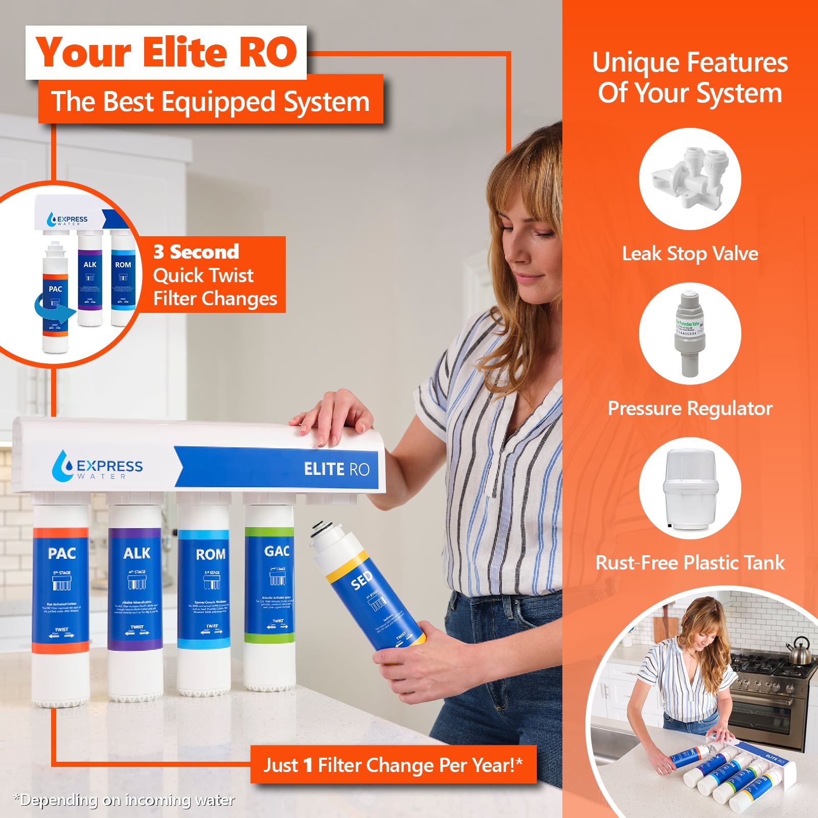 Elite Reverse Osmosis Alkaline Water Filtration System - Quick Twist Filter Change - 9 Stage RO Water Filter - Under Sink Water Filter with Alkaline Filter for added Essential Minerals 100 GPD