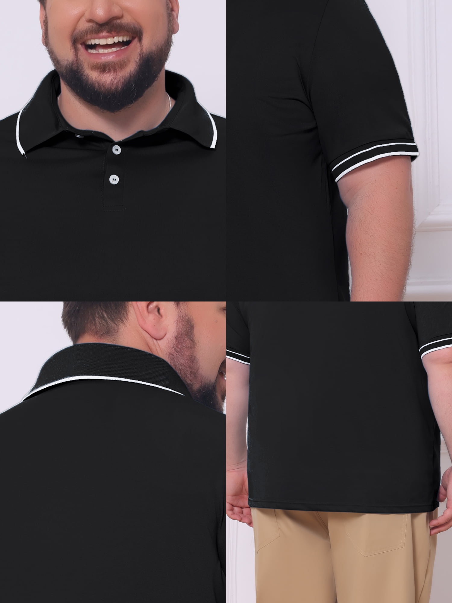 DARING DIVA Men's Big Tall Contrast Trim Short Sleeve Work Office Golf Shirts 5XL Black
