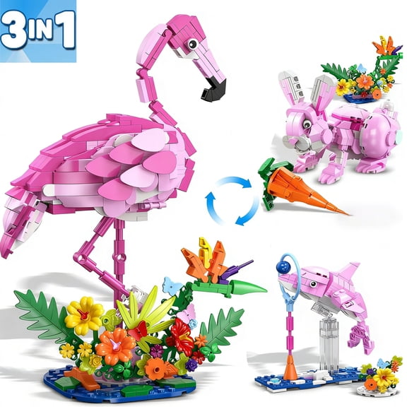 3 in 1 Pink Flamingo, Bunny, or Dolphin Animal Figures Building Set , 558PCS
