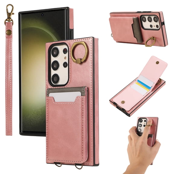 Wallet Back Case for Samsung Galaxy S22 Ultra with Wrist Strap, Stylish Magnetic Card Holder Finger Ring Kickstand PU Leather Lanyard Shockproof Slim Phone Case for Samsung Galaxy S22 Ultra, Pink
