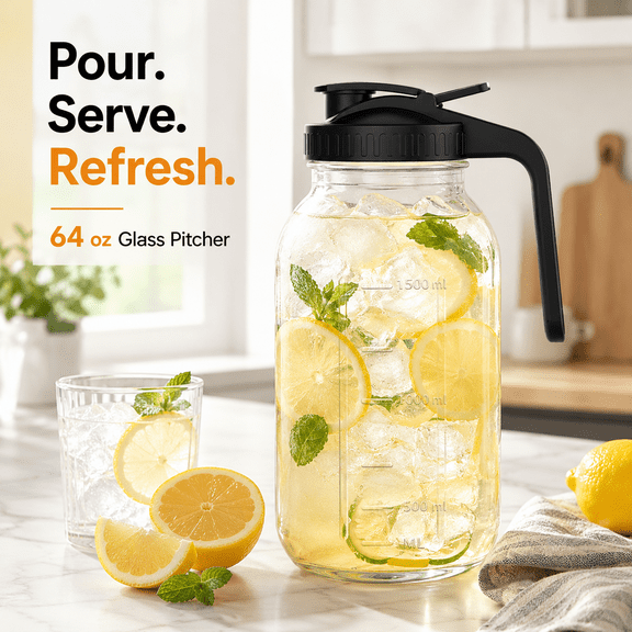 Himonut 64 oz Mason Jar Pitcher with Pour Spout Lid and Handle for Iced Coffee, Tea, Lemonade and Cold Drinks