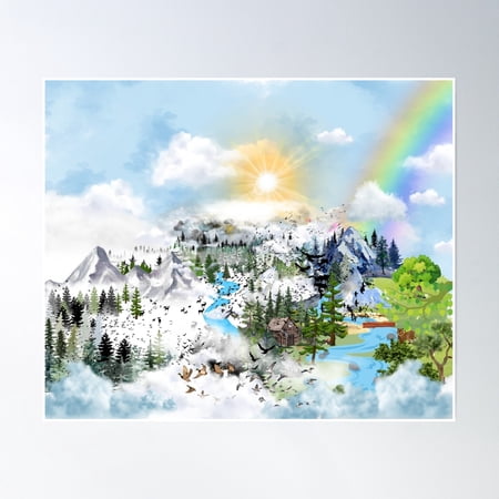 Mt. Adams Birds And Cabin In The Forest Poster Wall Art, Modern Wall Decor, 8x12 UNFRAMED