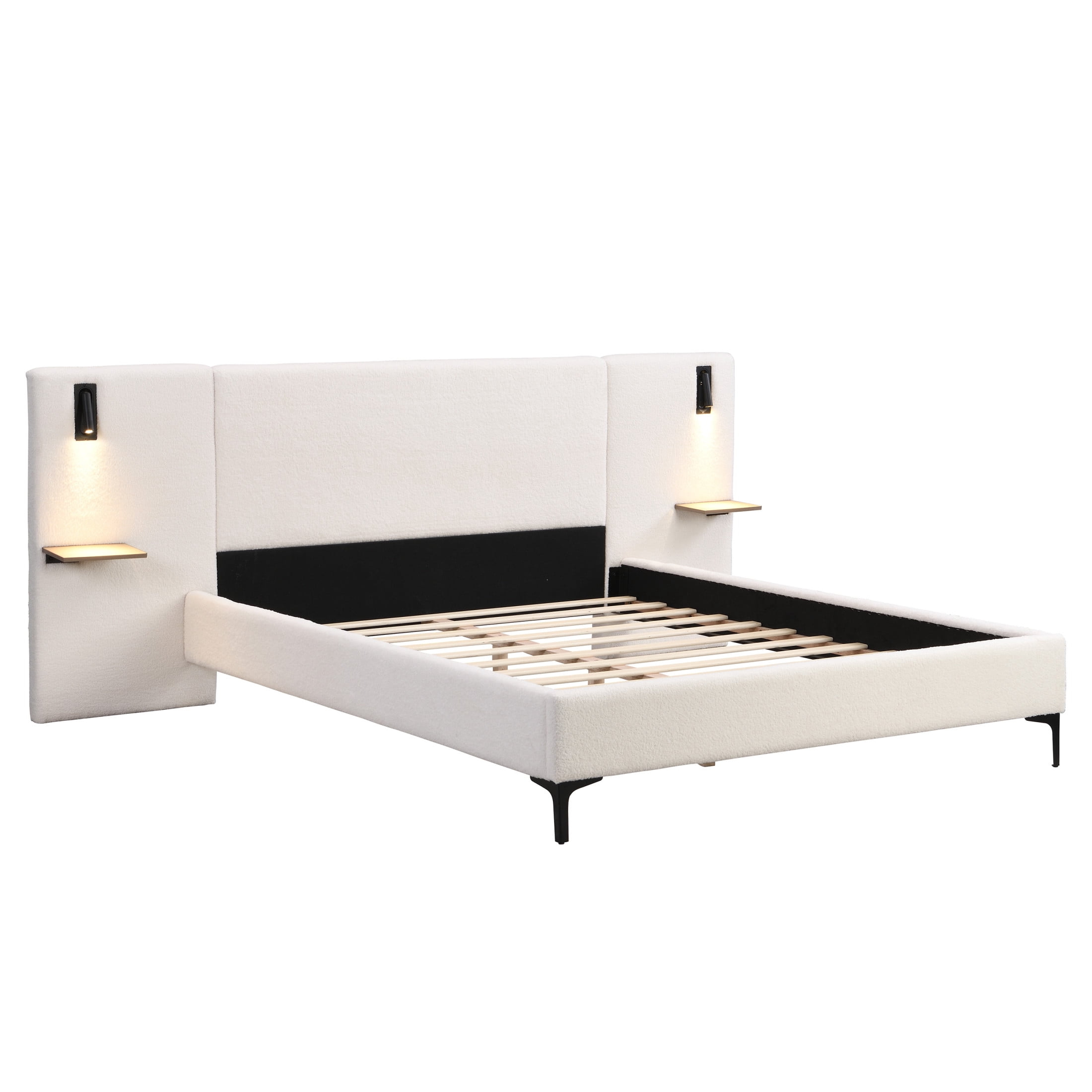Christopher Knight Home Boucle Upholstered Queen Platform Bed with Reading Lights and Headboard Shelves, White