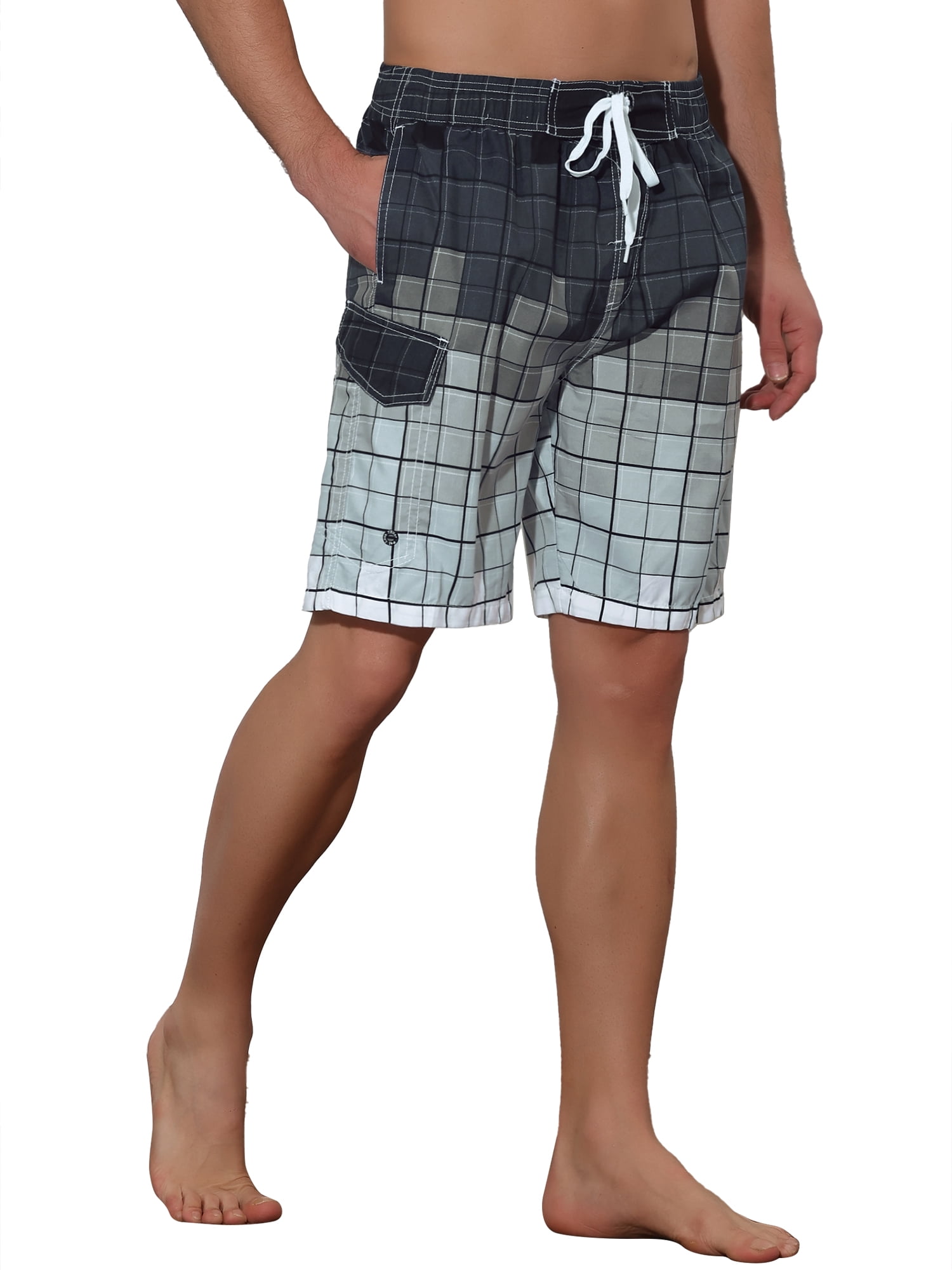 Unique Bargains Men's Hawaiian Drawstring Waist Color Block Plaid Board Shorts 32 Gray