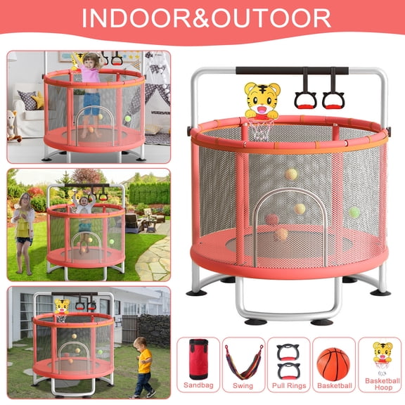 Yedigre 60 Inch Kids Trampoline with Enclosure Net & Gymnastics Bar – Indoor Trampoline for Ages 3-8 with Basketball Hoop, Swing & Sandbag