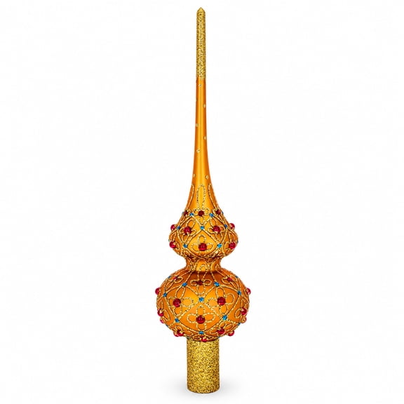 Red Jewels on Gold Geometrical Glass Christmas Tree Topper 11 Inches