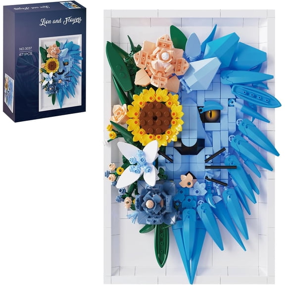 BrixVibe Lion Wall Art Building Set with Flower Compatible with Lego Animal 3d Blocks Model Home Decor for Adults, 671pcs